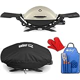 Weber Q 2200 Portable Gas Grill Liquid Propane (Titanium - 54060001) Bundle with Premium Grill Cover for Q 200/2000 Series Grills, Deco Gear 3 Piece BBQ Tool Set and Oven Mitts