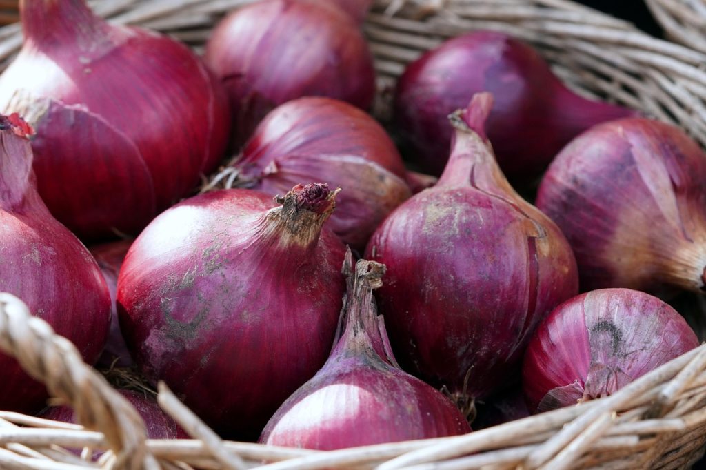 Rote Zwiebeln in einem Weidenkorb