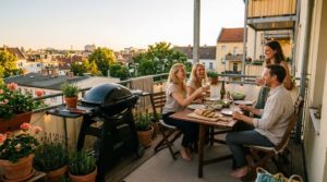 Balkon grillen mit einem geschlossenen Gasgrill auf einem gepflegten Stadtbalkon.