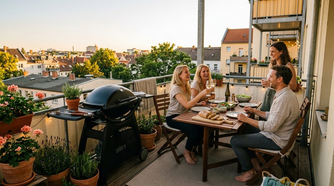 Balkon grillen mit einem geschlossenen Gasgrill auf einem gepflegten Stadtbalkon.
