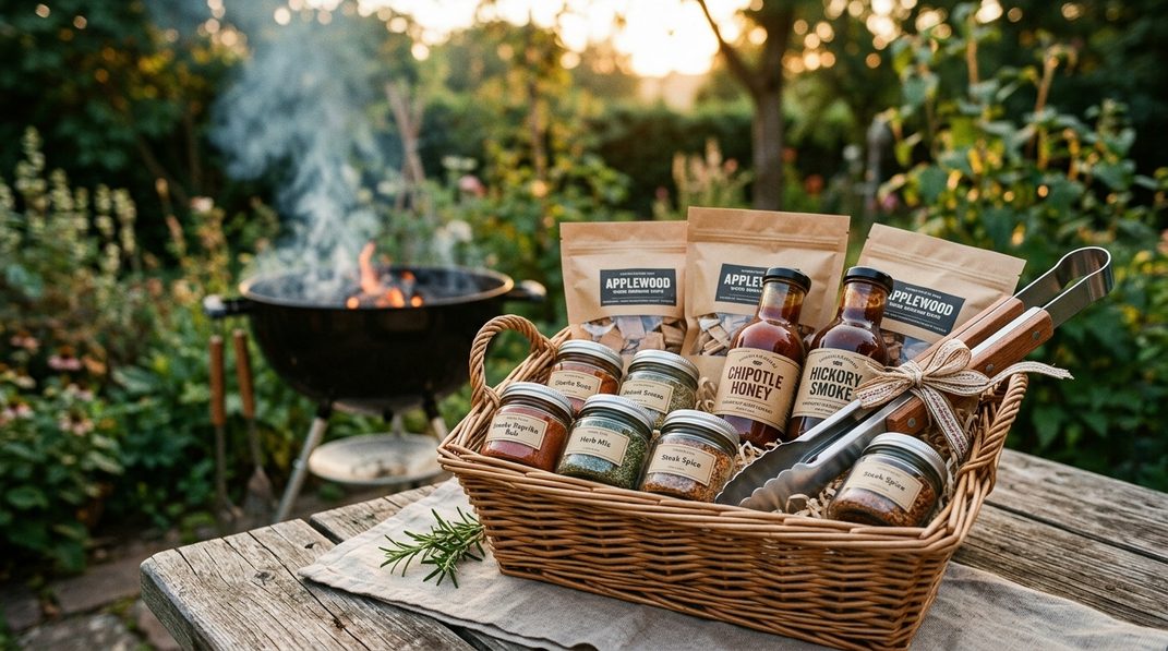 Geschenkkorb zum Grillen mit BBQ-Rubs, Saucen, Räucherchips und Grillzange.