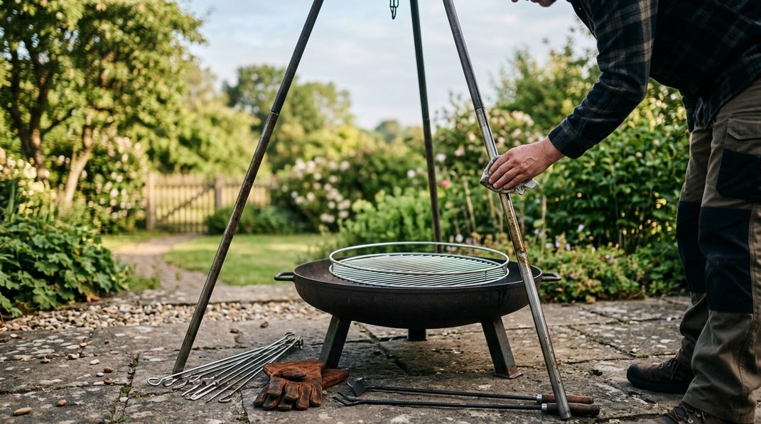 Abgekühlter Schwenkrost, Metallspieße und Dreibein werden nach dem Grillen gepflegt.
