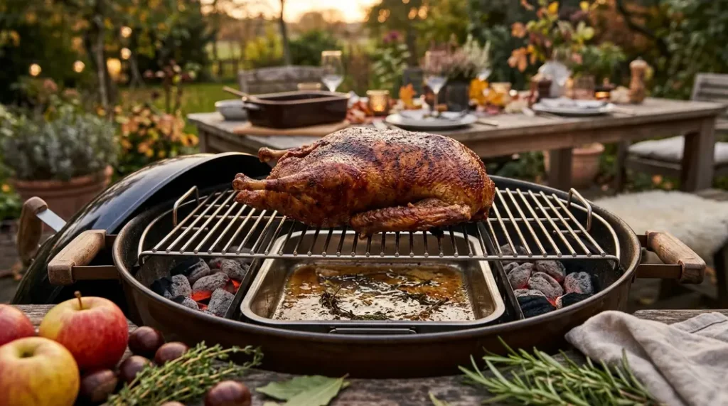 Gans mit goldbrauner Haut auf dem Rost eines Kugelgrills über einer Schale, Glut an beiden Seiten