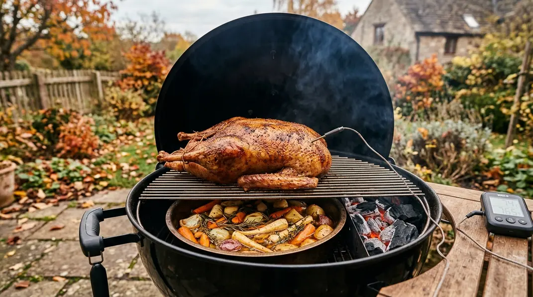 Gans auf dem Rost eines Kugelgrills über einer Schale mit Gemüse, Glut am Rand, Thermometerfühler in der Keule
