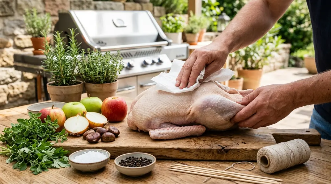 Hände tupfen eine rohe Gans mit Küchenpapier trocken, daneben Äpfel, Zwiebeln, Kräuter, Maronen und Küchengarn