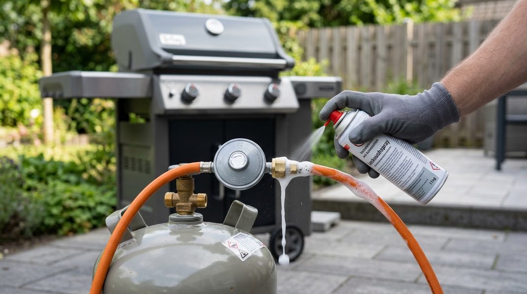 Hand prüft den Anschluss einer Gasflasche am Gasgrill mit Lecksuchspray.