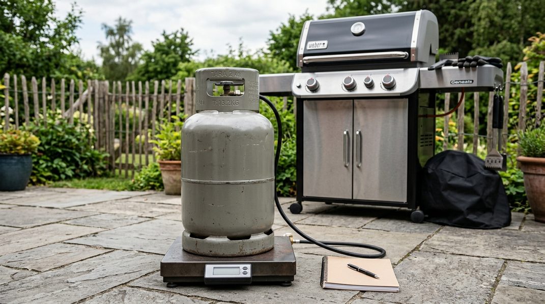 Gasflasche neben einem Gasgrill auf einer Waage zur Berechnung der Restgasmenge.