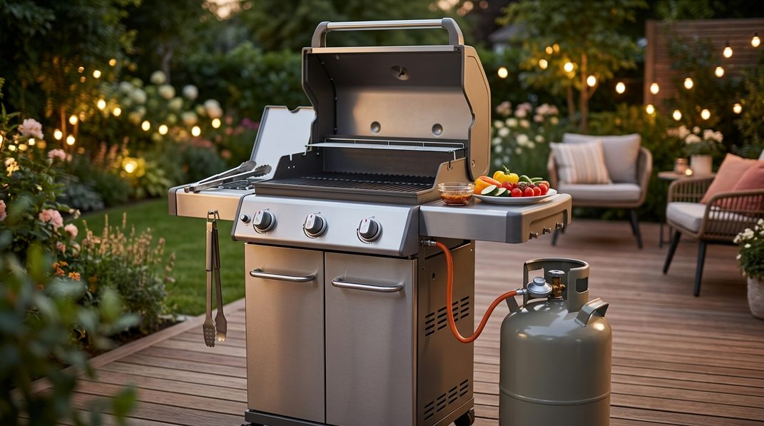 Gasflasche am Gasgrill auf einer Terrasse mit angeschlossenem Regler und Schlauch.