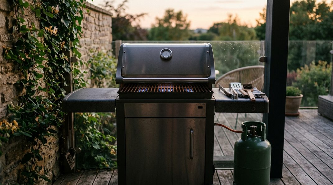 Geschlossener Gasgrill mit aufrechter Gasflasche an einem windgeschützten Grillplatz.