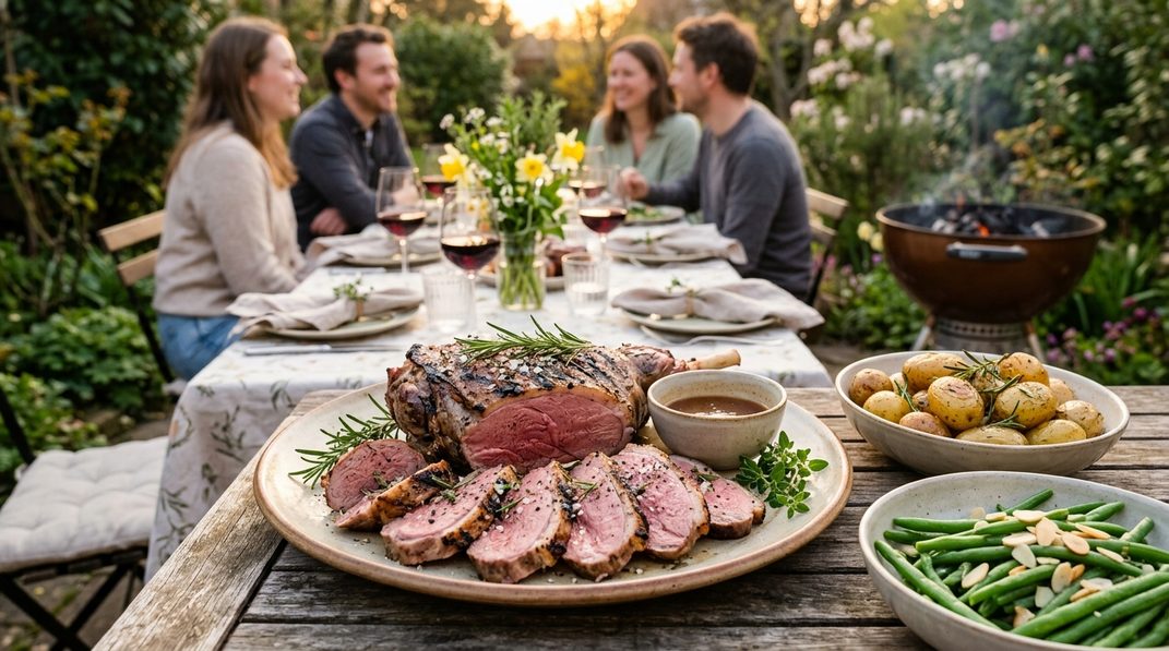 Aufgeschnittene rosa Lammkeule mit Kartoffeln und grünen Bohnen auf einem gedeckten Tisch im Garten