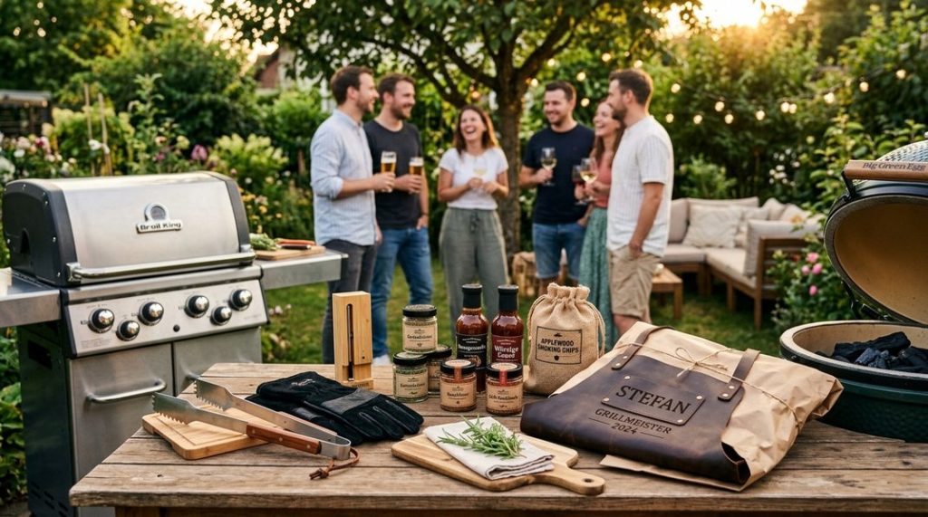Ein Geschenk zum Grillen mit Grillzange, Handschuhen, Thermometer, Gewürzen und Saucen auf einem Gartentisch.