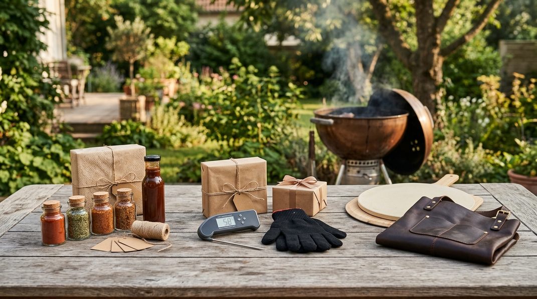 Verschiedene Geschenke für Griller von Gewürzen über Handschuhe bis zum Pizzastein auf einem Tisch.
