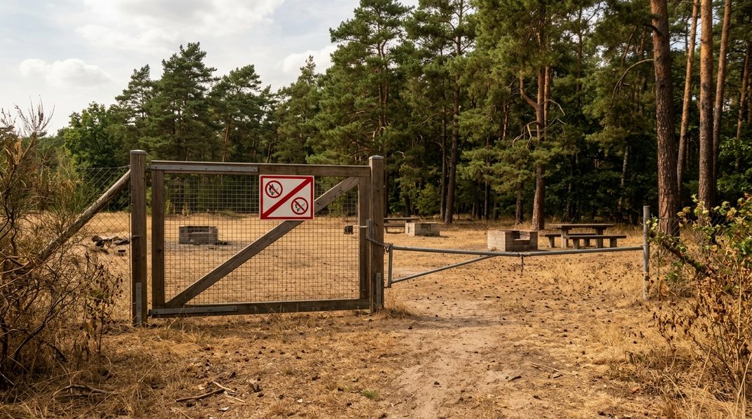 Abgesperrter Grillplatz an einer trockenen Waldlichtung.