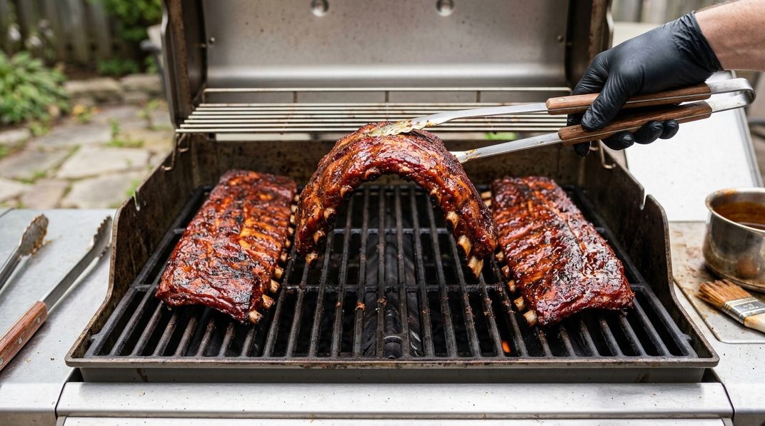 Glasierte Spareribs werden mit einer Zange zur Zartheitsprobe angehoben.