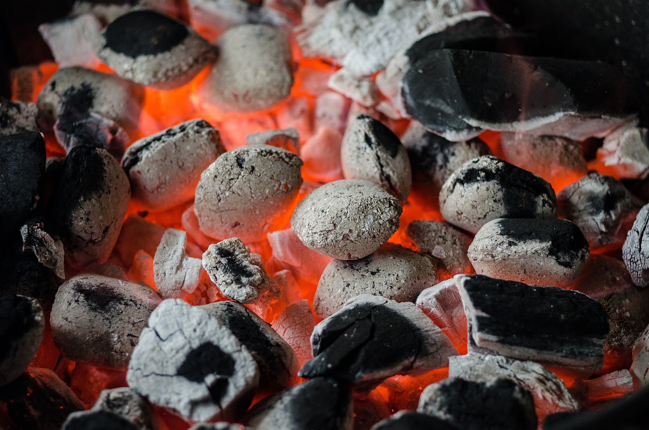 Glühende Grillbriketts mit weißer Ascheschicht in der Kohleschale eines Grills