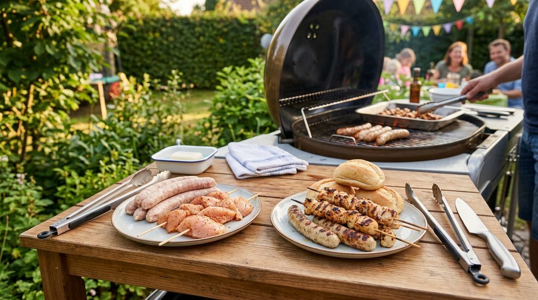 Getrennte Teller und Grillzangen für rohes und gegartes Grillgut beim Kindergeburtstag.