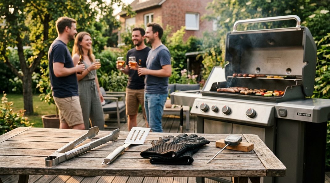 Grillzange, Grillhandschuhe und Einstechthermometer liegen neben einem Gasgrill auf einem Holztisch.