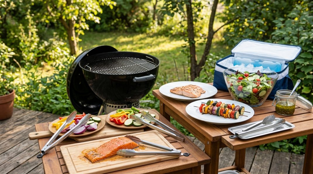 Getrennte Bretter, Teller und Zangen für rohes Grillgut, Gemüse und Salat.