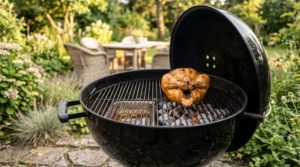 Indirektes Grillen mit einem ganzen Hähnchen in der freien Zone eines Kugelgrills.