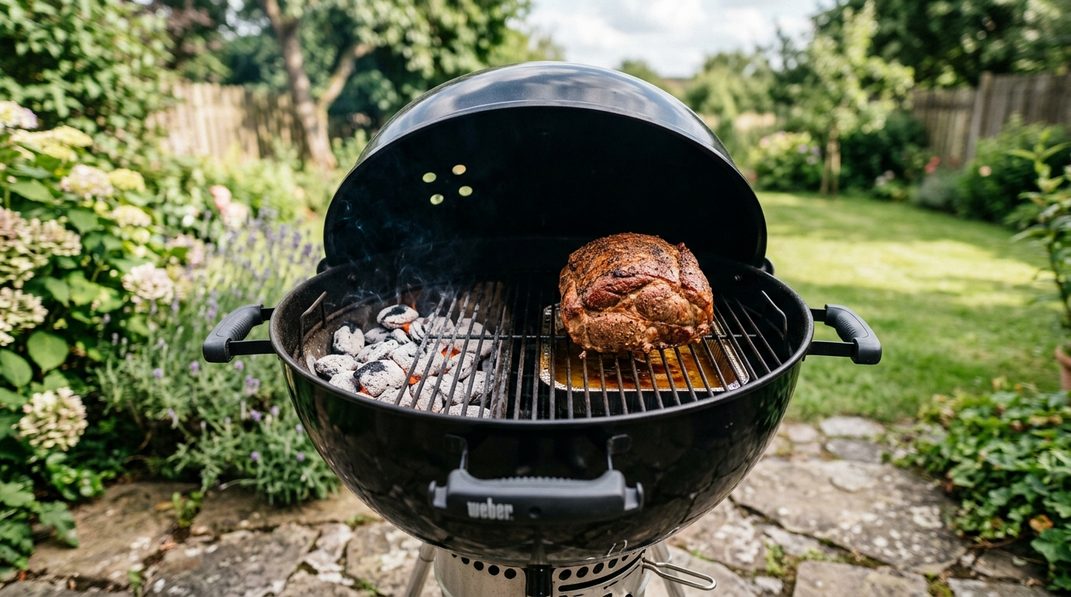 Kugelgrill mit Glut auf einer Seite und Grillgut in der freien indirekten Zone.