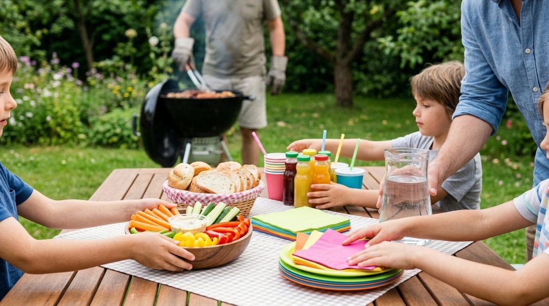 Kinder stellen kalte Beilagen und Getränke für einen Kindergeburtstag auf einen Gartentisch.
