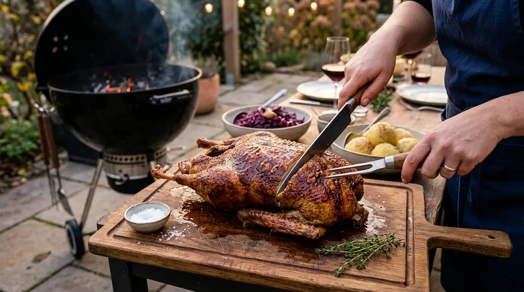 Knusprige Gans wird auf einem Holzbrett neben dem Kugelgrill tranchiert, dahinter Rotkohl und Klöße