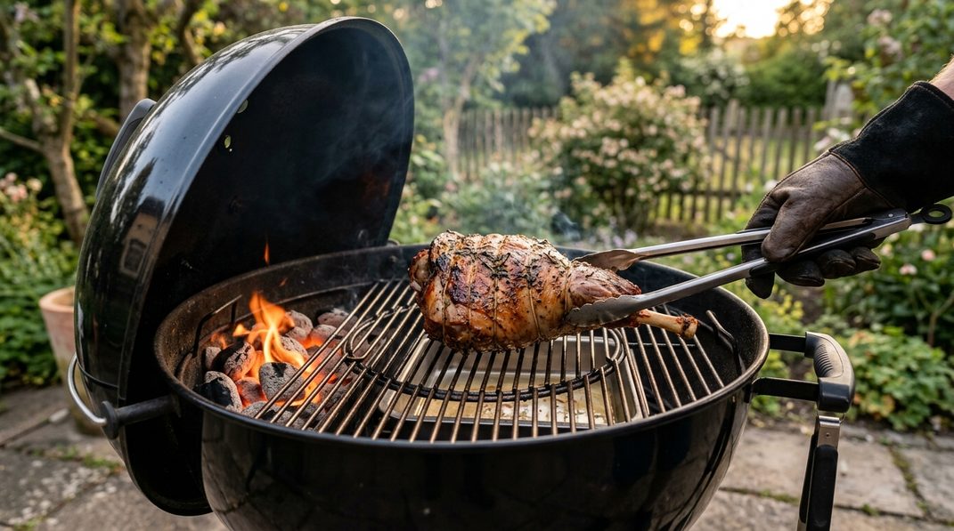 Lammkeule mit Knochen wird mit der Grillzange auf den Rost eines Kugelgrills gelegt, die Glut liegt am Rand