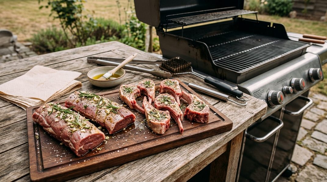 Rohe Lammlachse und Lammkoteletts mit Rosmarin, Thymian und Knoblauch vor dem Grillen.