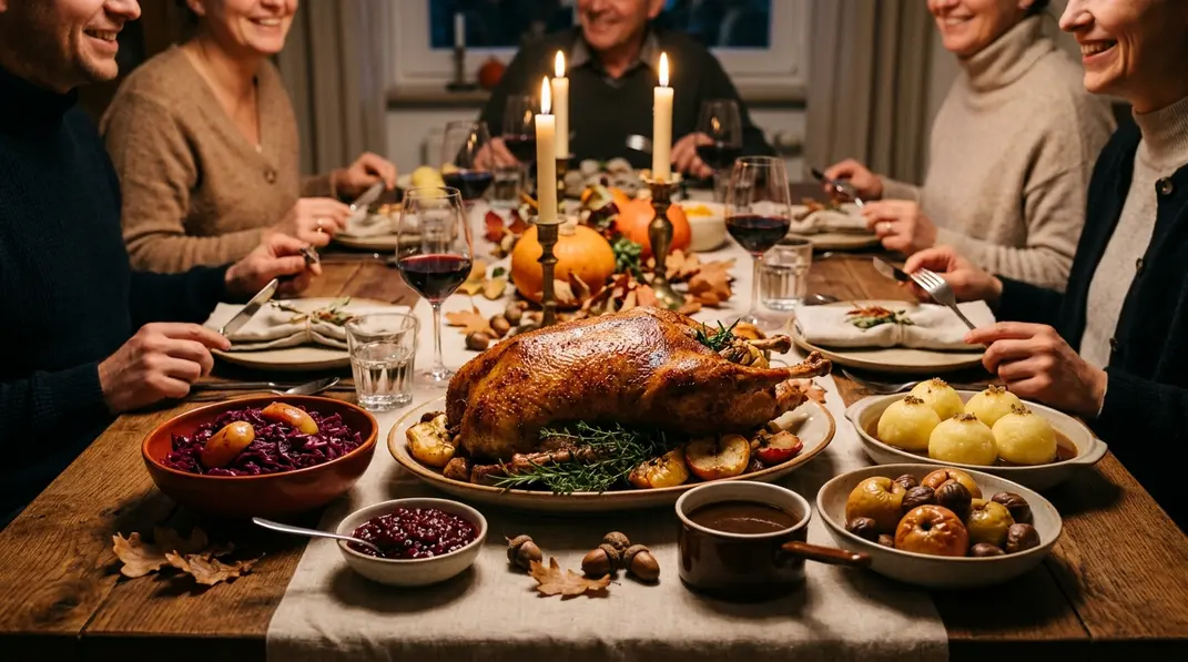 Goldbraune Gans mit Rotkohl, Klößen und Bratäpfeln auf einer festlich gedeckten Tafel mit Kerzen