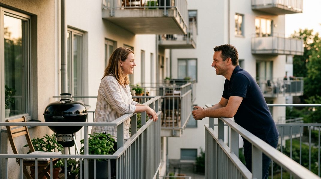 Zwei Nachbarn sprechen freundlich zwischen ihren Balkonen über einen ruhigen Grillabend.