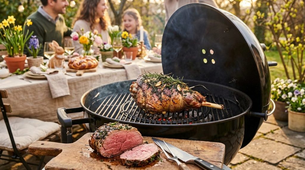 Gegrillte Lammkeule mit Knochen und Kräuterkruste auf dem Kugelgrill, davor aufgeschnittene Scheiben auf einem Brett