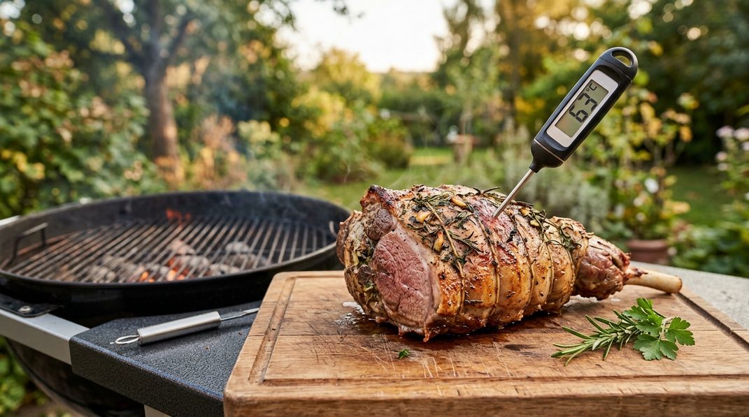 Einstichthermometer zeigt 63 °C in einer gegrillten Lammkeule mit Knochen auf einem Holzbrett neben dem Grill