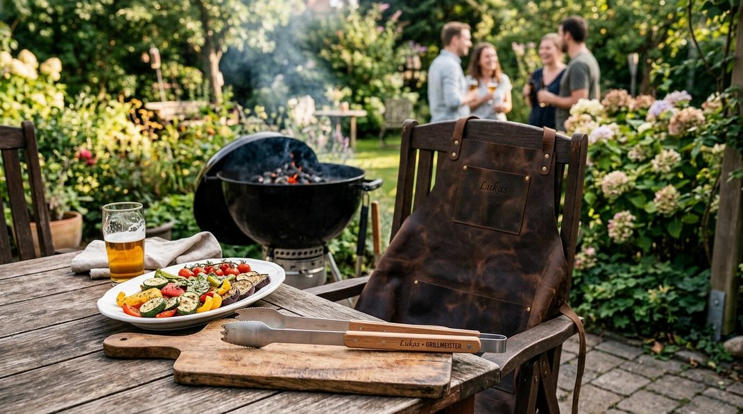 Personalisierte Lederschürze und gravierte Grillzange neben einem Holzkohlegrill.