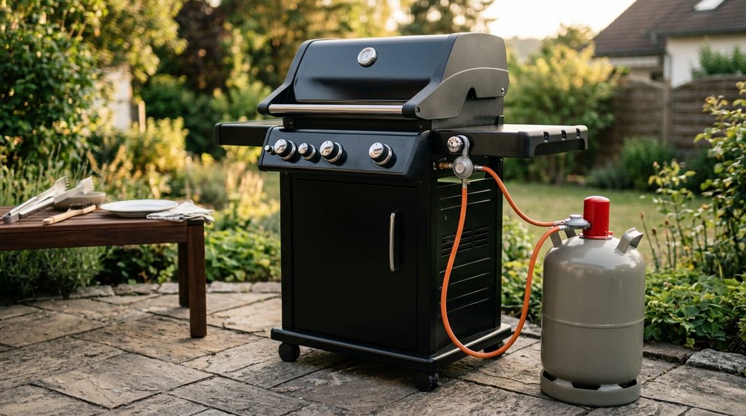 Aufrechte Propangasflasche mit passendem Regler neben einem Gasgrill.