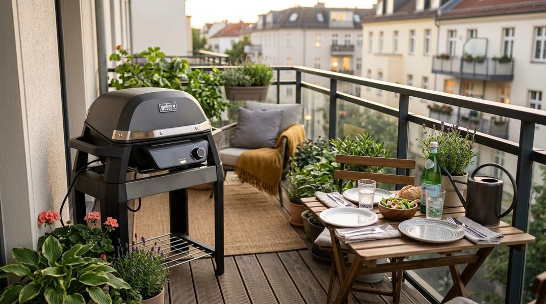 Raucharmer Elektrogrill mit geschlossenem Deckel auf einem gepflegten Stadtbalkon.