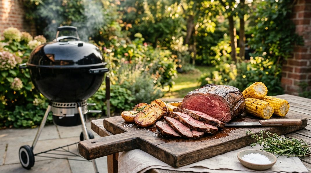 Aufgeschnittenes Roastbeef mit Kartoffeln und Mais neben einem geschlossenen Grill.