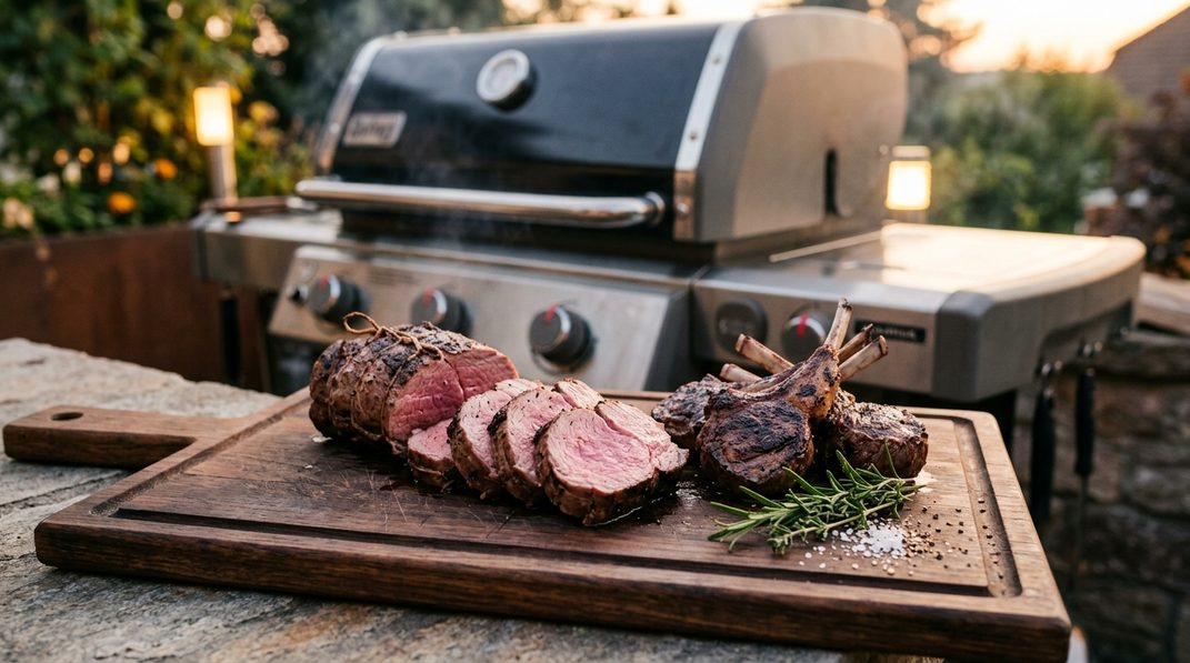 Rosa aufgeschnittener Lammlachs vom Grill neben gegrillten Lammkoteletts.