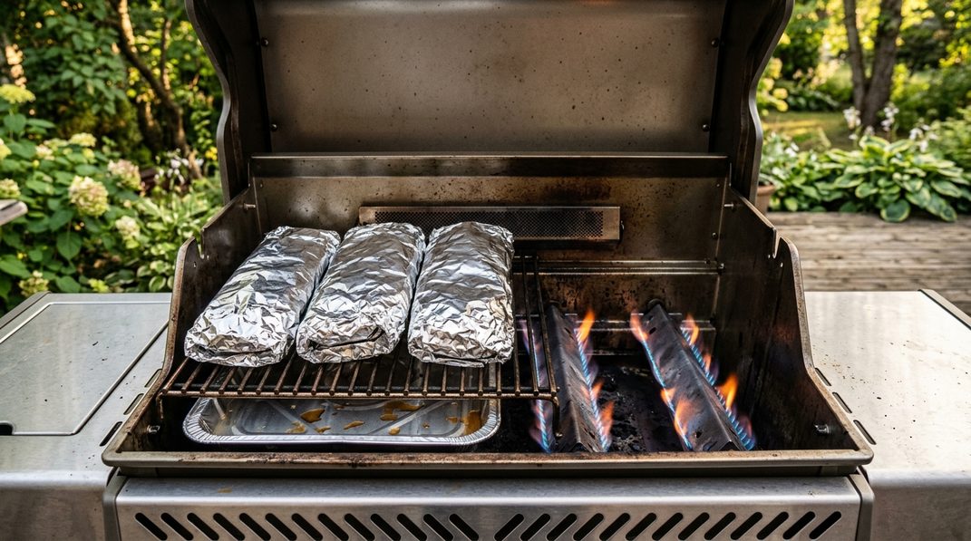 In Grillfolie verpackte Spareribs garen indirekt auf einem Gasgrill.