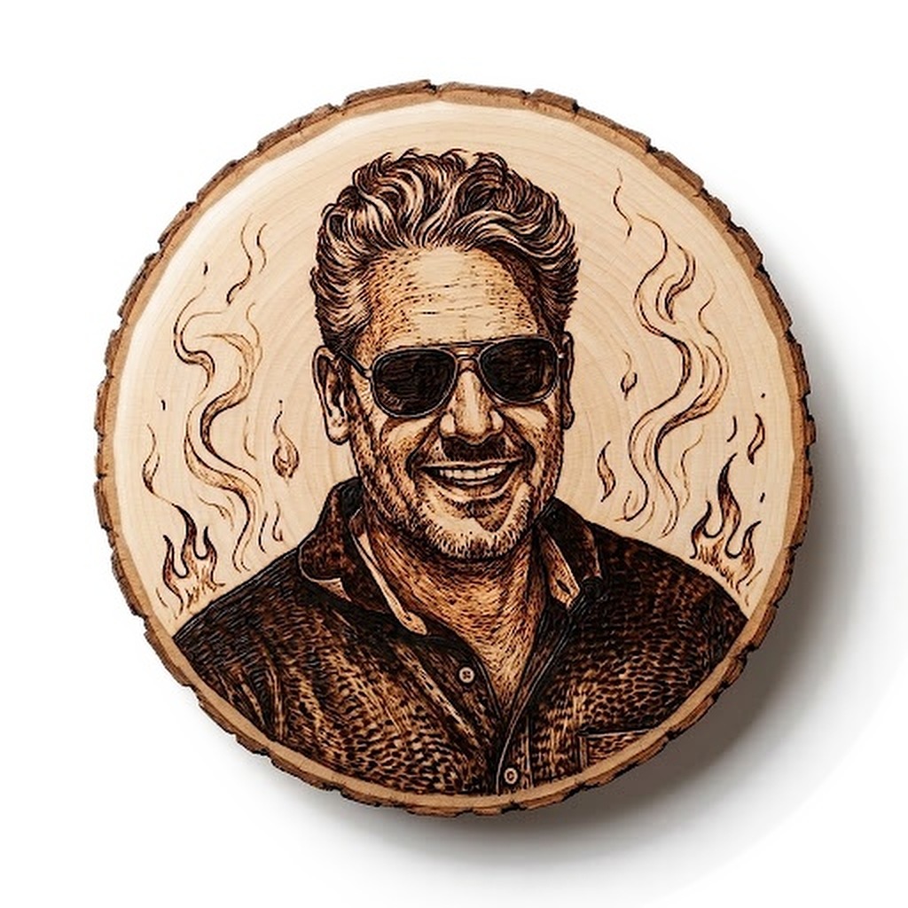 Porträt von Tom, dem Autor von grillen.xyz, als Brandmalerei auf einer Holzscheibe